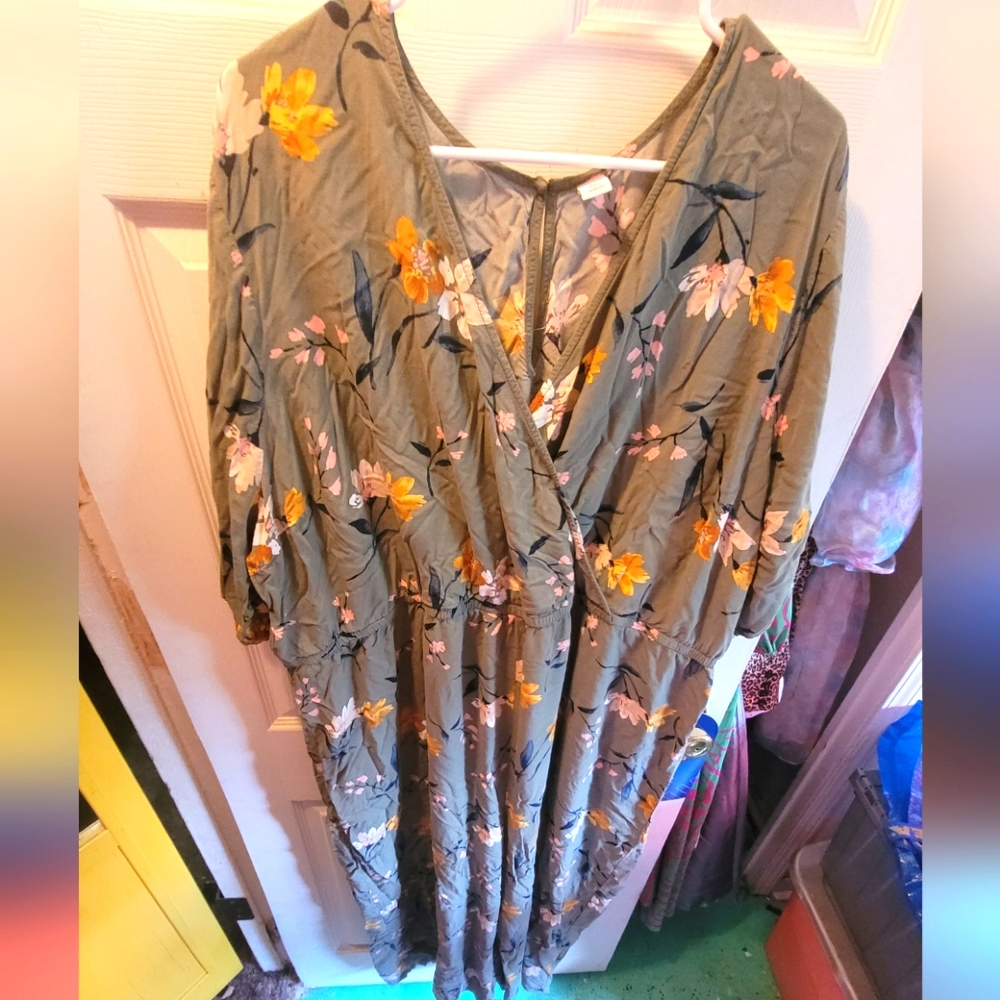 Old Navy Olive Green Floral Jumpsuit with Yellow & Pink Flowers